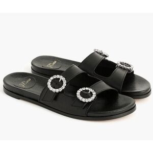 J.CREW Bedford Black Leather Two Straps Slide Sandals Rhinestone Detail …